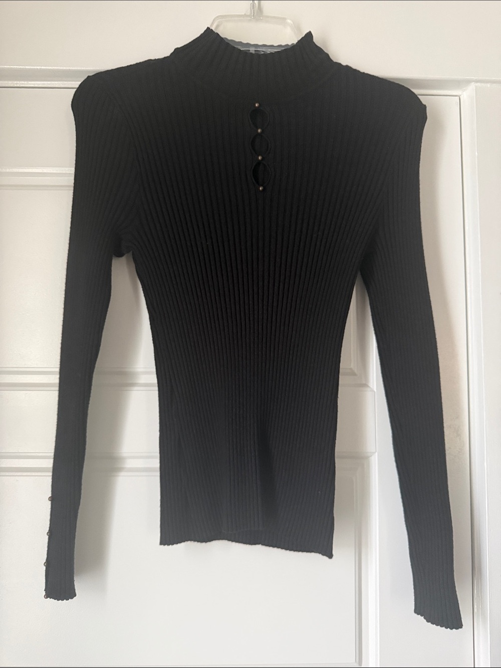 Belldini Black Ribbed Mock-Neck Long Sleeve Top with Button Accents